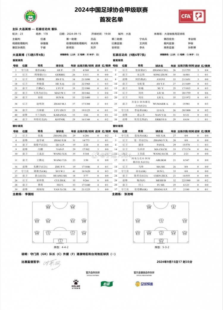 大连英博vs石家庄功夫首发：卡兰加pk阿约维，赵明剑登场